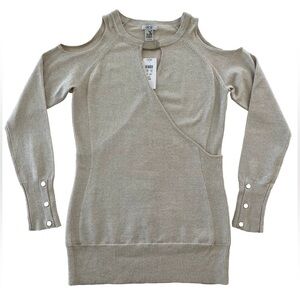 Cache Metallic Peek-a-boo Shoulder Keyhole Long Sleeve Sweater Sz L NWT